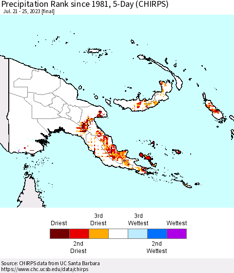 Papua New Guinea Precipitation Rank since 1981, 5-Day (CHIRPS) Thematic Map For 7/21/2023 - 7/25/2023