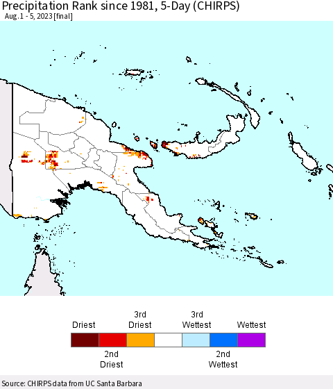Papua New Guinea Precipitation Rank since 1981, 5-Day (CHIRPS) Thematic Map For 8/1/2023 - 8/5/2023
