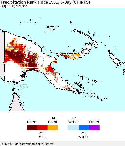 Papua New Guinea Precipitation Rank since 1981, 5-Day (CHIRPS) Thematic Map For 8/6/2023 - 8/10/2023