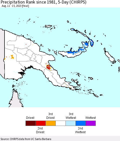 Papua New Guinea Precipitation Rank since 1981, 5-Day (CHIRPS) Thematic Map For 8/11/2023 - 8/15/2023