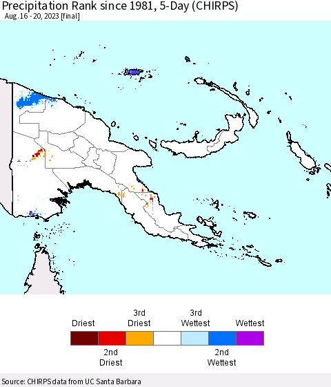 Papua New Guinea Precipitation Rank since 1981, 5-Day (CHIRPS) Thematic Map For 8/16/2023 - 8/20/2023