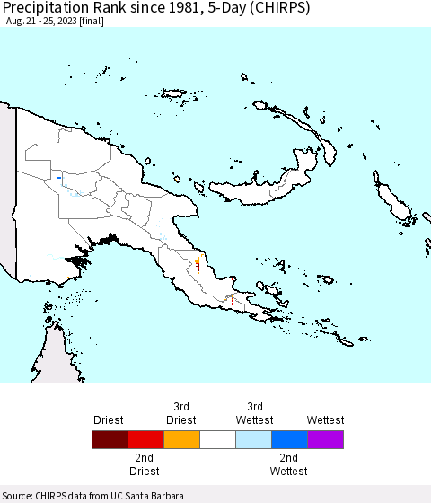 Papua New Guinea Precipitation Rank since 1981, 5-Day (CHIRPS) Thematic Map For 8/21/2023 - 8/25/2023