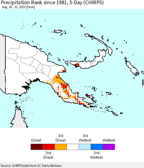 Papua New Guinea Precipitation Rank since 1981, 5-Day (CHIRPS) Thematic Map For 8/26/2023 - 8/31/2023