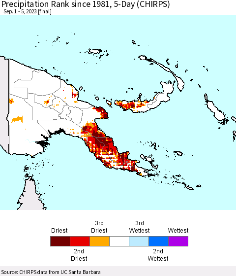 Papua New Guinea Precipitation Rank since 1981, 5-Day (CHIRPS) Thematic Map For 9/1/2023 - 9/5/2023
