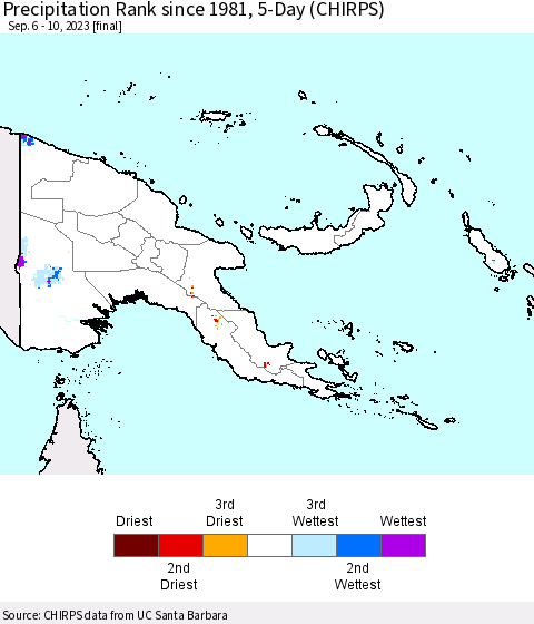 Papua New Guinea Precipitation Rank since 1981, 5-Day (CHIRPS) Thematic Map For 9/6/2023 - 9/10/2023