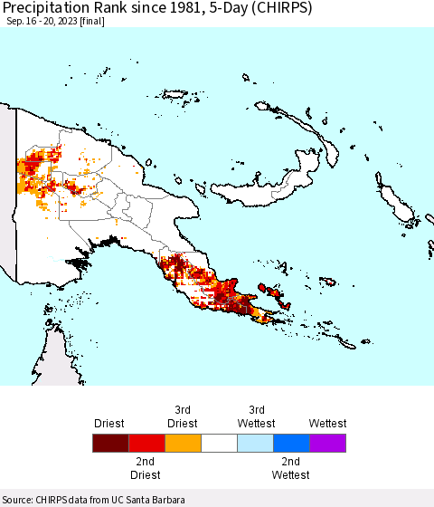 Papua New Guinea Precipitation Rank since 1981, 5-Day (CHIRPS) Thematic Map For 9/16/2023 - 9/20/2023