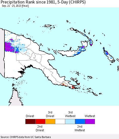 Papua New Guinea Precipitation Rank since 1981, 5-Day (CHIRPS) Thematic Map For 9/21/2023 - 9/25/2023