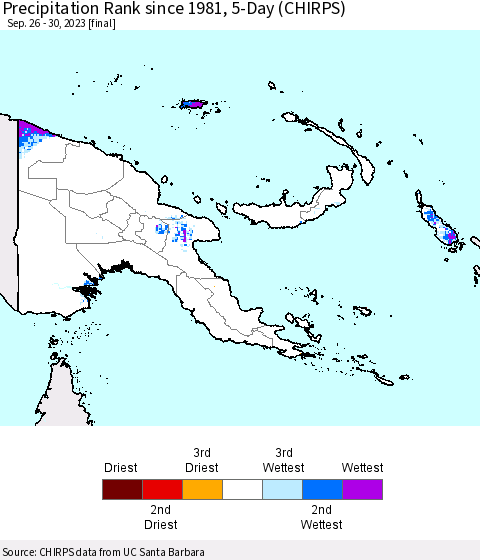 Papua New Guinea Precipitation Rank since 1981, 5-Day (CHIRPS) Thematic Map For 9/26/2023 - 9/30/2023