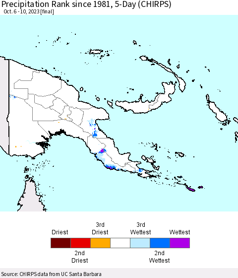 Papua New Guinea Precipitation Rank since 1981, 5-Day (CHIRPS) Thematic Map For 10/6/2023 - 10/10/2023