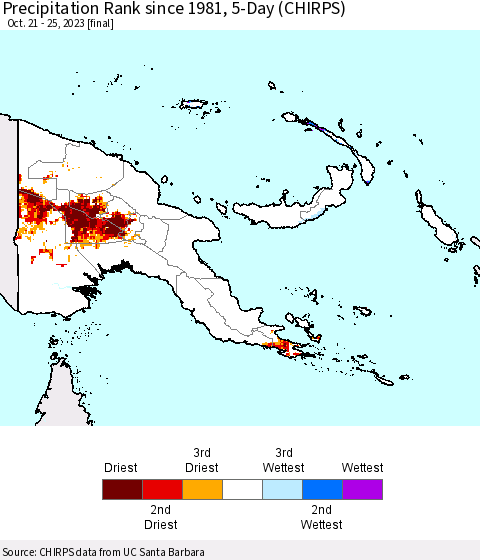 Papua New Guinea Precipitation Rank since 1981, 5-Day (CHIRPS) Thematic Map For 10/21/2023 - 10/25/2023