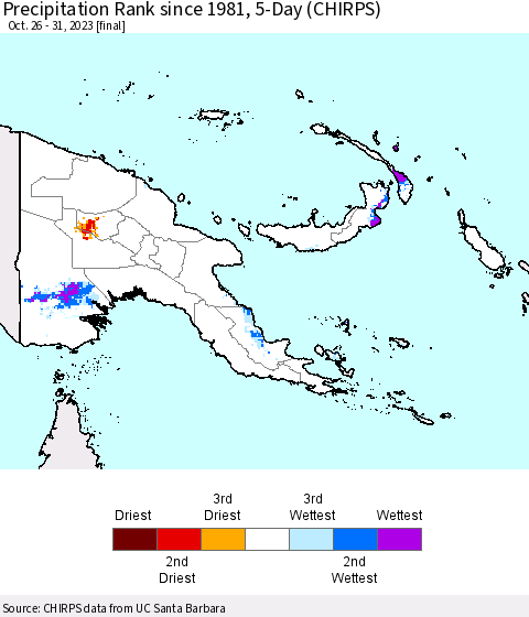 Papua New Guinea Precipitation Rank since 1981, 5-Day (CHIRPS) Thematic Map For 10/26/2023 - 10/31/2023