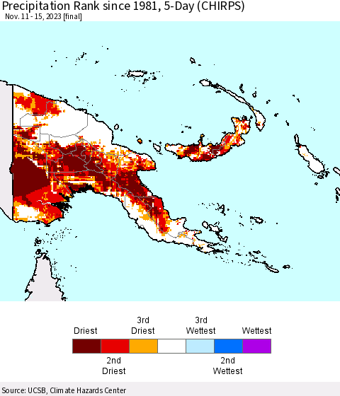 Papua New Guinea Precipitation Rank since 1981, 5-Day (CHIRPS) Thematic Map For 11/11/2023 - 11/15/2023