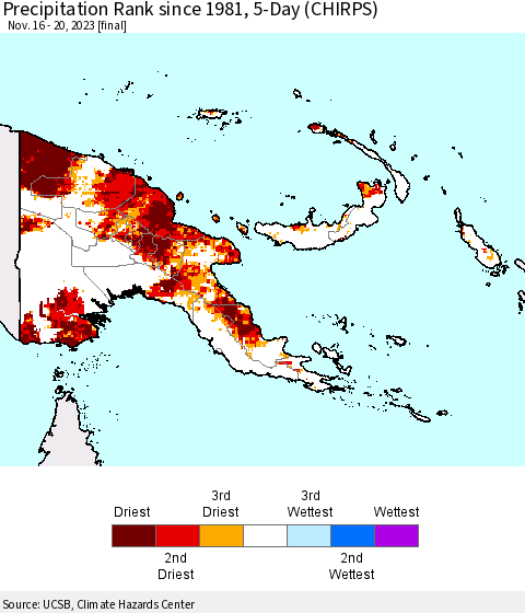 Papua New Guinea Precipitation Rank since 1981, 5-Day (CHIRPS) Thematic Map For 11/16/2023 - 11/20/2023