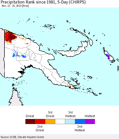Papua New Guinea Precipitation Rank since 1981, 5-Day (CHIRPS) Thematic Map For 11/21/2023 - 11/25/2023