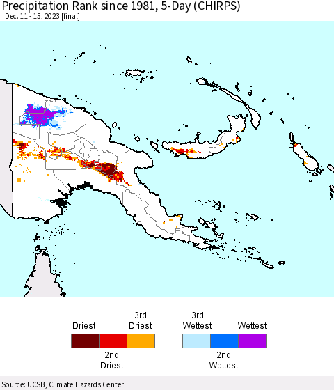 Papua New Guinea Precipitation Rank since 1981, 5-Day (CHIRPS) Thematic Map For 12/11/2023 - 12/15/2023