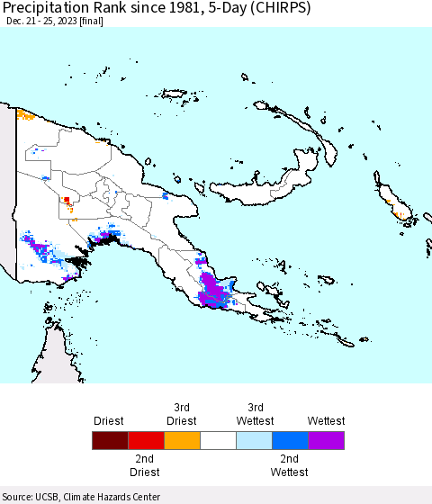 Papua New Guinea Precipitation Rank since 1981, 5-Day (CHIRPS) Thematic Map For 12/21/2023 - 12/25/2023