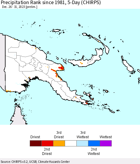 Papua New Guinea Precipitation Rank since 1981, 5-Day (CHIRPS) Thematic Map For 12/26/2023 - 12/31/2023