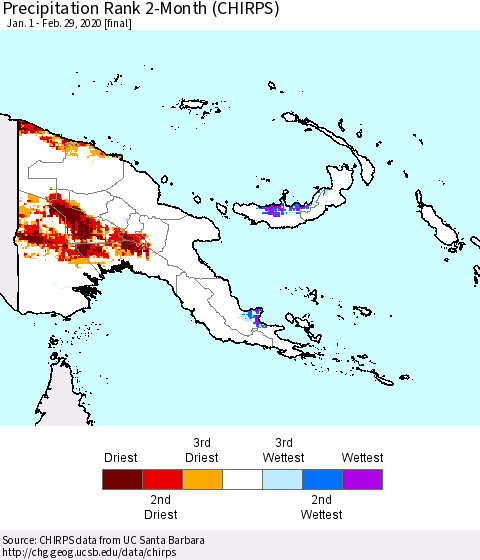 Papua New Guinea Precipitation Rank since 1981, 2-Month (CHIRPS) Thematic Map For 1/1/2020 - 2/29/2020