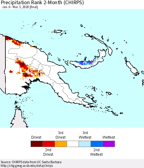 Papua New Guinea Precipitation Rank since 1981, 2-Month (CHIRPS) Thematic Map For 1/6/2020 - 3/5/2020