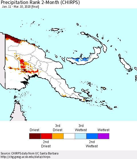 Papua New Guinea Precipitation Rank since 1981, 2-Month (CHIRPS) Thematic Map For 1/11/2020 - 3/10/2020