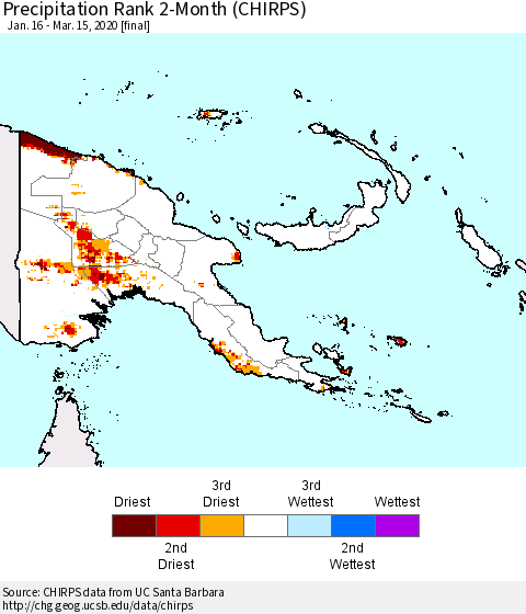 Papua New Guinea Precipitation Rank since 1981, 2-Month (CHIRPS) Thematic Map For 1/16/2020 - 3/15/2020