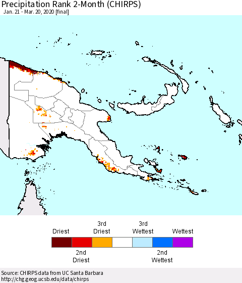 Papua New Guinea Precipitation Rank since 1981, 2-Month (CHIRPS) Thematic Map For 1/21/2020 - 3/20/2020