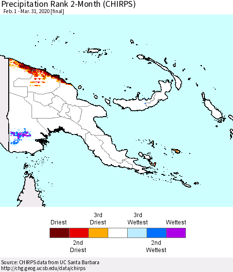 Papua New Guinea Precipitation Rank since 1981, 2-Month (CHIRPS) Thematic Map For 2/1/2020 - 3/31/2020