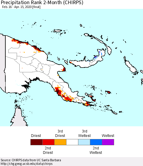 Papua New Guinea Precipitation Rank since 1981, 2-Month (CHIRPS) Thematic Map For 2/16/2020 - 4/15/2020