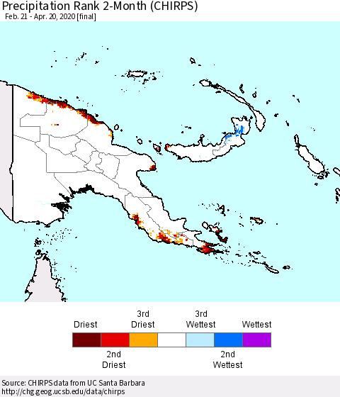 Papua New Guinea Precipitation Rank since 1981, 2-Month (CHIRPS) Thematic Map For 2/21/2020 - 4/20/2020