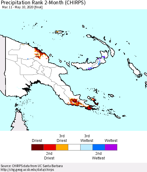 Papua New Guinea Precipitation Rank since 1981, 2-Month (CHIRPS) Thematic Map For 3/11/2020 - 5/10/2020