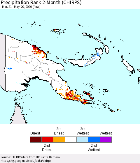 Papua New Guinea Precipitation Rank since 1981, 2-Month (CHIRPS) Thematic Map For 3/21/2020 - 5/20/2020