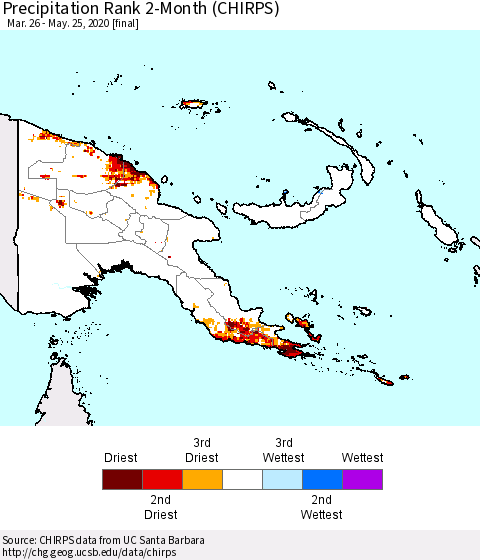 Papua New Guinea Precipitation Rank since 1981, 2-Month (CHIRPS) Thematic Map For 3/26/2020 - 5/25/2020