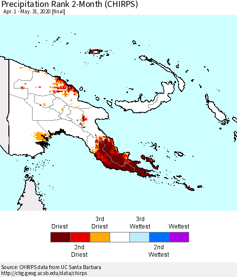 Papua New Guinea Precipitation Rank since 1981, 2-Month (CHIRPS) Thematic Map For 4/1/2020 - 5/31/2020
