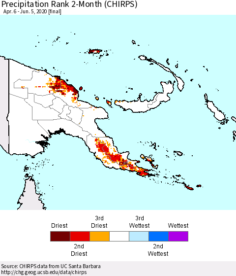 Papua New Guinea Precipitation Rank since 1981, 2-Month (CHIRPS) Thematic Map For 4/6/2020 - 6/5/2020
