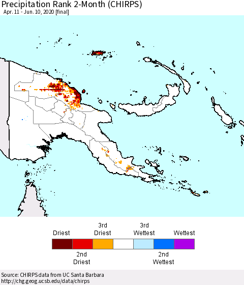 Papua New Guinea Precipitation Rank since 1981, 2-Month (CHIRPS) Thematic Map For 4/11/2020 - 6/10/2020