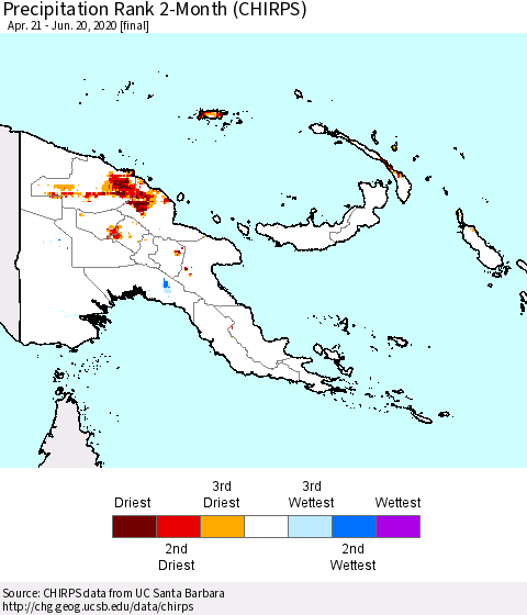Papua New Guinea Precipitation Rank since 1981, 2-Month (CHIRPS) Thematic Map For 4/21/2020 - 6/20/2020