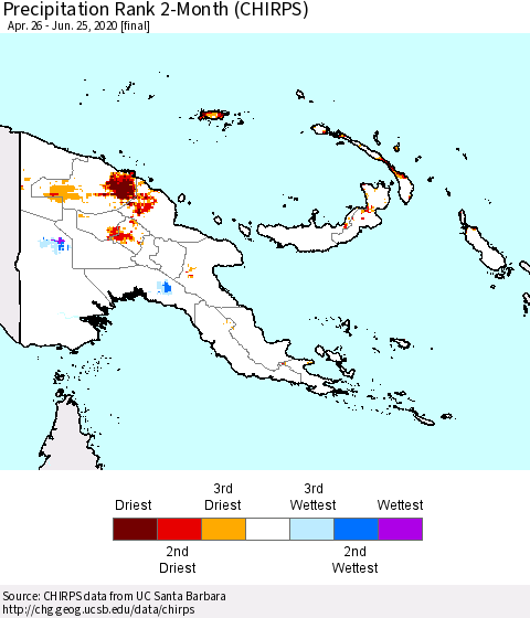 Papua New Guinea Precipitation Rank since 1981, 2-Month (CHIRPS) Thematic Map For 4/26/2020 - 6/25/2020