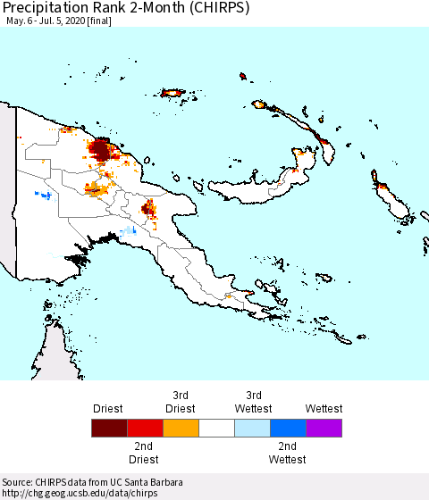 Papua New Guinea Precipitation Rank since 1981, 2-Month (CHIRPS) Thematic Map For 5/6/2020 - 7/5/2020