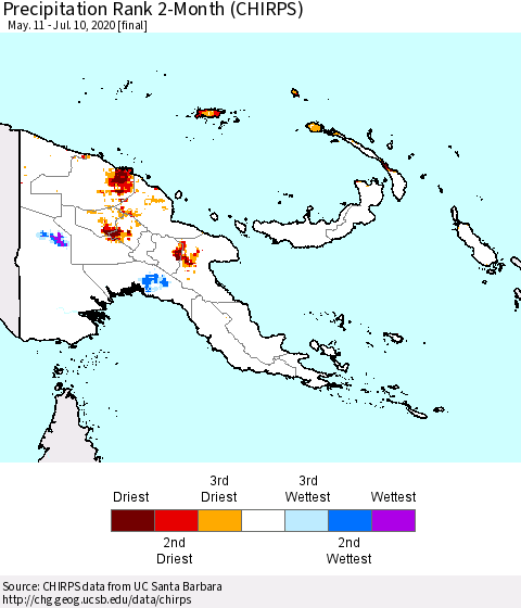 Papua New Guinea Precipitation Rank since 1981, 2-Month (CHIRPS) Thematic Map For 5/11/2020 - 7/10/2020