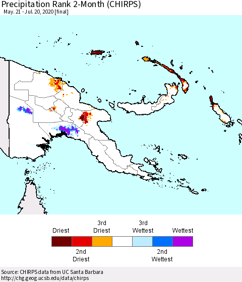 Papua New Guinea Precipitation Rank since 1981, 2-Month (CHIRPS) Thematic Map For 5/21/2020 - 7/20/2020