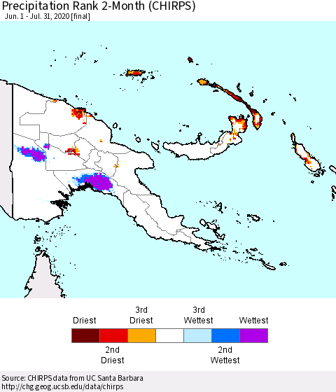 Papua New Guinea Precipitation Rank since 1981, 2-Month (CHIRPS) Thematic Map For 6/1/2020 - 7/31/2020