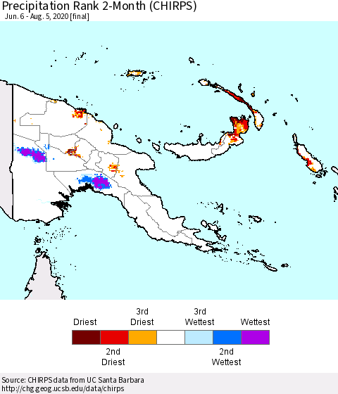 Papua New Guinea Precipitation Rank since 1981, 2-Month (CHIRPS) Thematic Map For 6/6/2020 - 8/5/2020