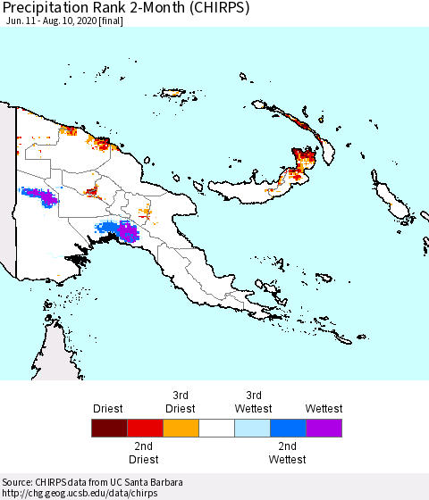 Papua New Guinea Precipitation Rank since 1981, 2-Month (CHIRPS) Thematic Map For 6/11/2020 - 8/10/2020