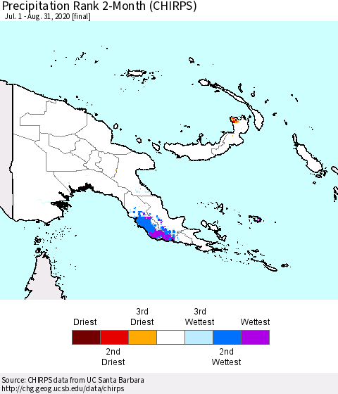 Papua New Guinea Precipitation Rank since 1981, 2-Month (CHIRPS) Thematic Map For 7/1/2020 - 8/31/2020