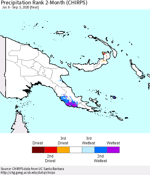 Papua New Guinea Precipitation Rank since 1981, 2-Month (CHIRPS) Thematic Map For 7/6/2020 - 9/5/2020