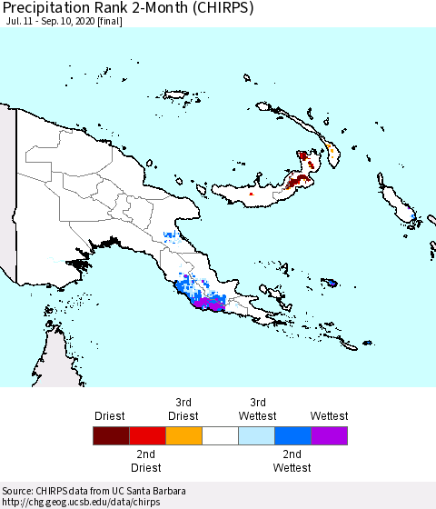 Papua New Guinea Precipitation Rank since 1981, 2-Month (CHIRPS) Thematic Map For 7/11/2020 - 9/10/2020