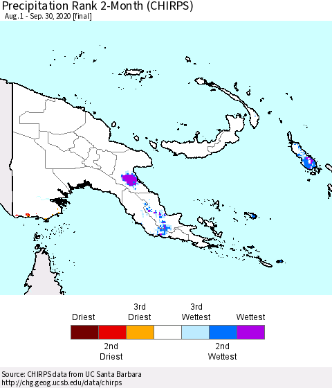 Papua New Guinea Precipitation Rank since 1981, 2-Month (CHIRPS) Thematic Map For 8/1/2020 - 9/30/2020