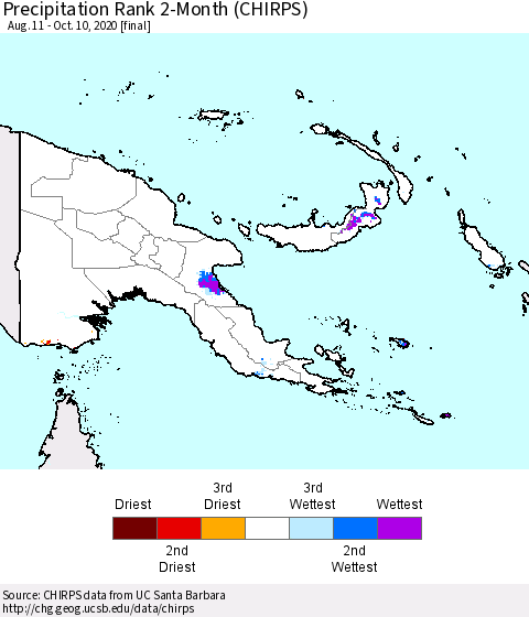 Papua New Guinea Precipitation Rank since 1981, 2-Month (CHIRPS) Thematic Map For 8/11/2020 - 10/10/2020