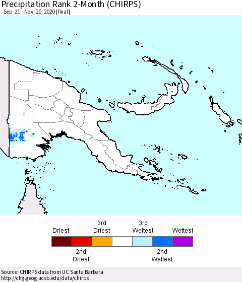 Papua New Guinea Precipitation Rank since 1981, 2-Month (CHIRPS) Thematic Map For 9/21/2020 - 11/20/2020