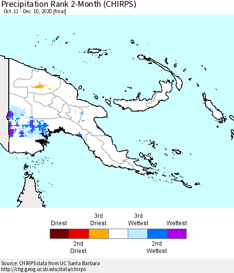 Papua New Guinea Precipitation Rank since 1981, 2-Month (CHIRPS) Thematic Map For 10/11/2020 - 12/10/2020